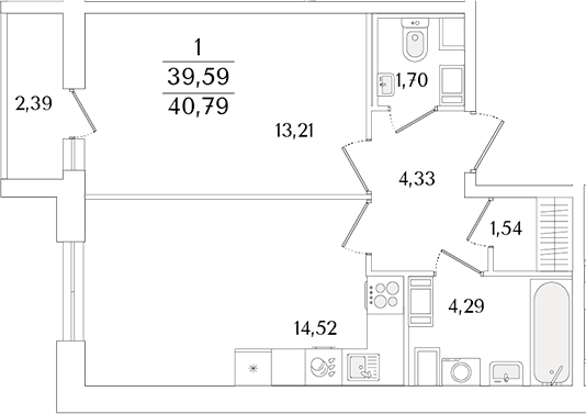 Планировка: Евродвушка 39,6 м² в ЖК «Кинопарк»