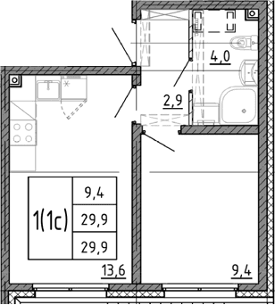 Планировка: 1-комнатная квартира 29,9 м² в ЖК «Ручьи 2»