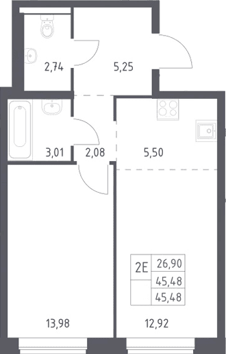Планировка: Евродвушка 45,5 м² в ЖК «Новое Видное»