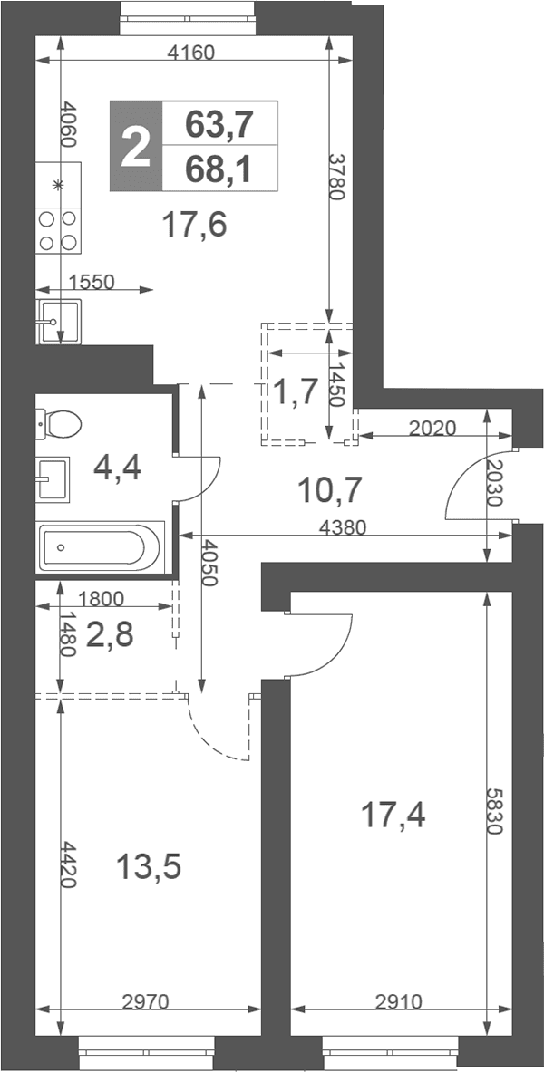 Планировка: Евротрёшка 68,1 м² в ЖК «Дубровицы Клаб»