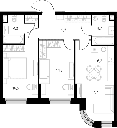 Планировка: Евротрёшка 69,3 м² в ЖК «Адмирал»