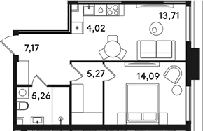 Планировка: Евродвушка 49,5 м² в ЖК «СОЛОС»