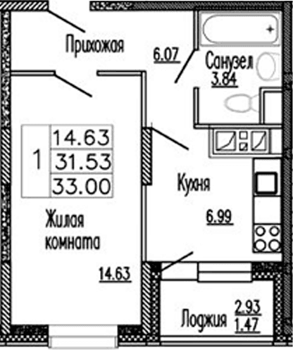 Планировка: 1-комнатная квартира 31,5 м² в ЖК «Клевер»