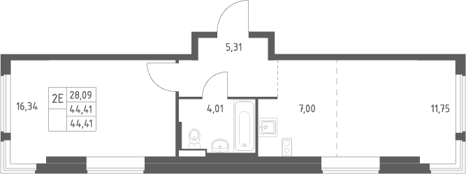 Планировка: Евродвушка 44,4 м² в ЖК «Горки Парк»