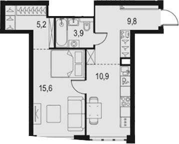 Планировка: 1-комнатная квартира 45,4 м² в ЖК «Левел Южнопортовая»
