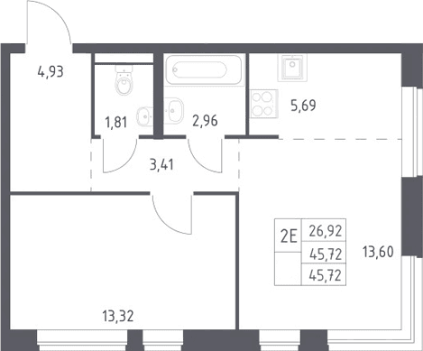 Планировка: Евродвушка 45,7 м² в ЖК «Новое Видное»