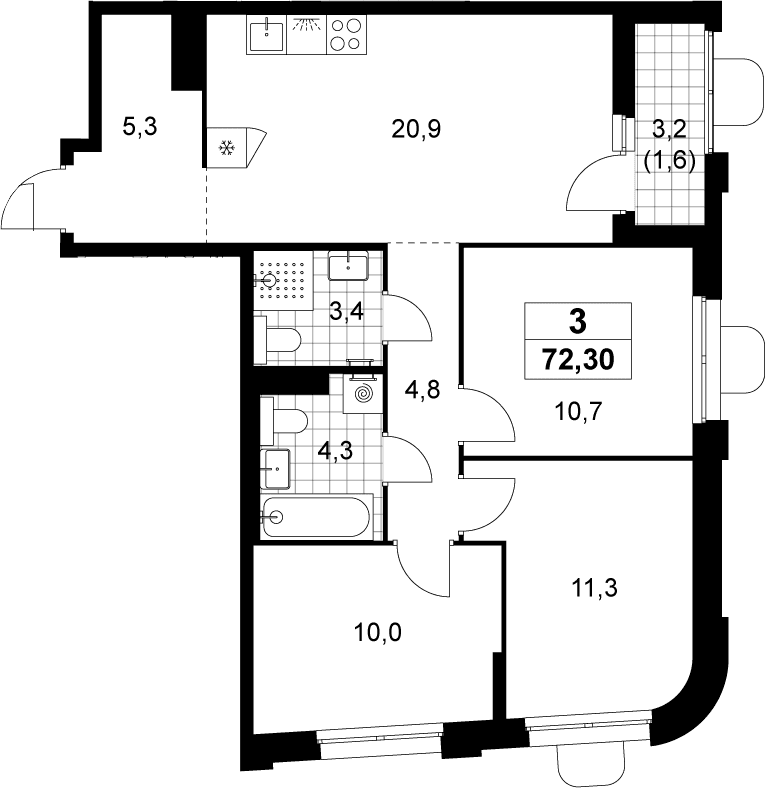 Планировка: Квартира евро-4 70,7 м² в ЖК «Прокшино»