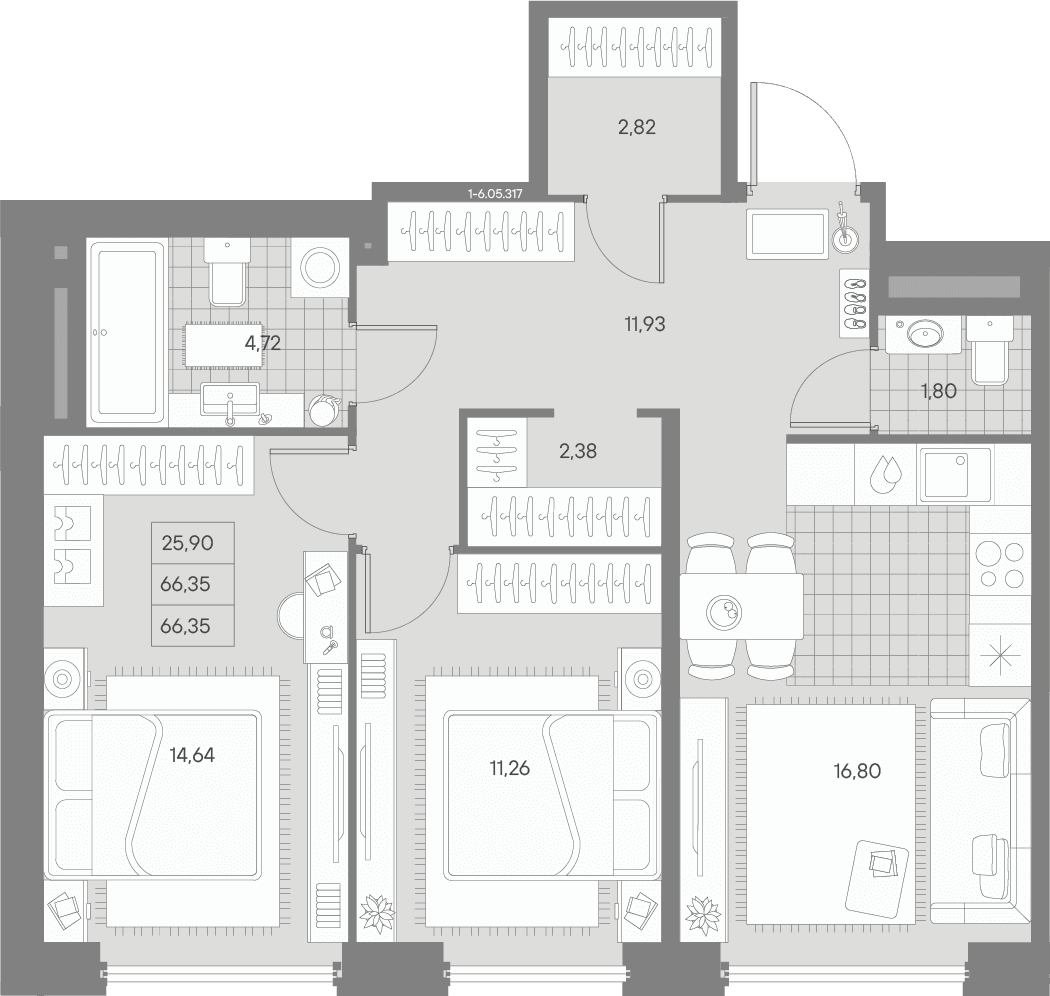 Планировка: Евротрёшка 66,4 м² в ЖК «АВАНТ»