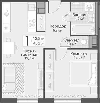 Планировка: Евродвушка 45,2 м² в ЖК «Руднева, 15»