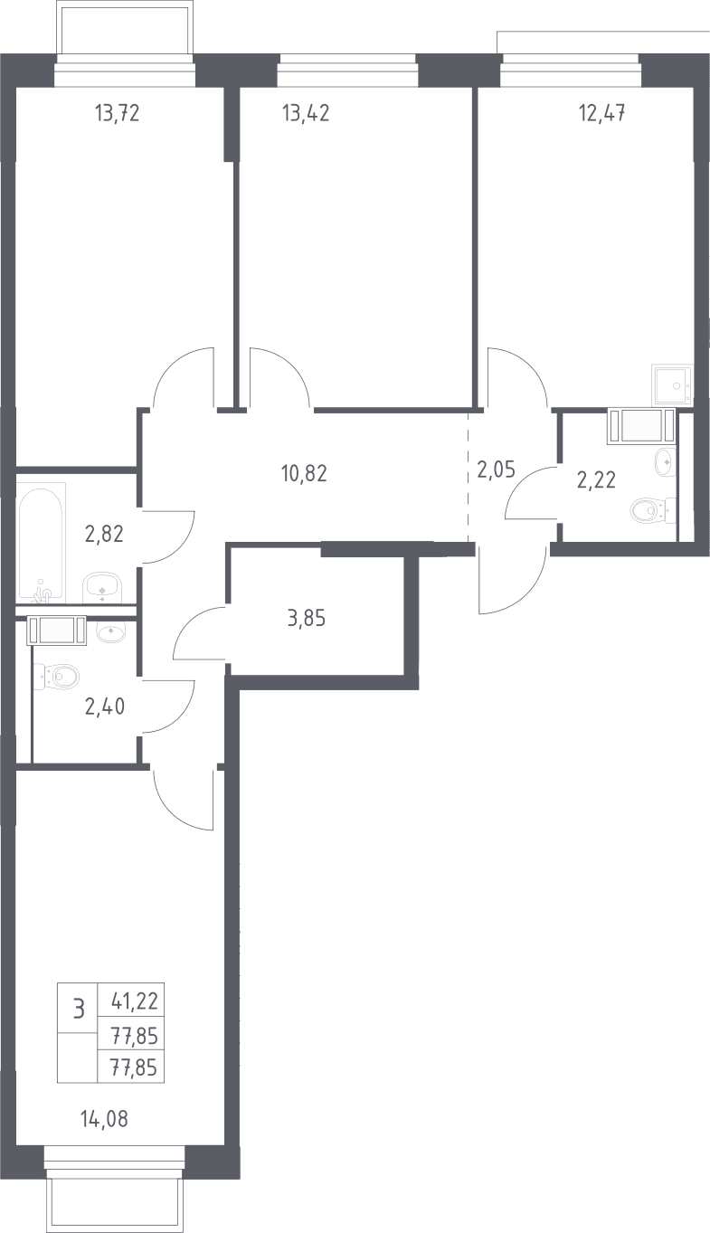 Планировка: 3-комнатная квартира 77,9 м² в ЖК «Томилино Парк»