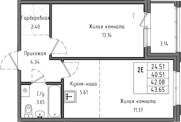 Планировка: Евродвушка 40,5 м² в ЖК «Тишин»