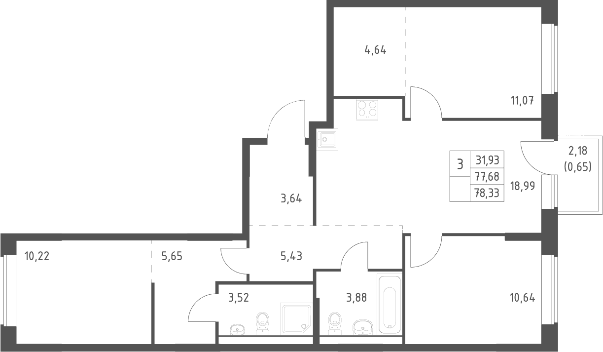 Планировка: Квартира евро-4 77,7 м² в ЖК «Большое Юрлово»