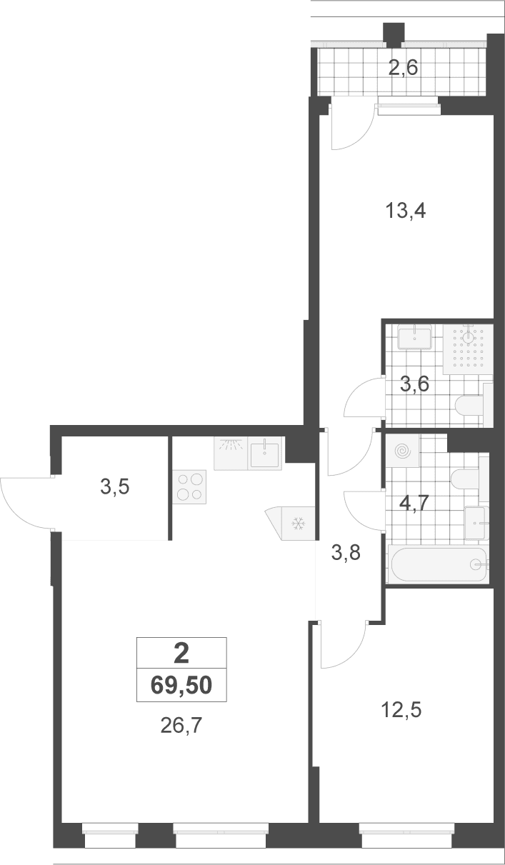 Планировка: Евротрёшка 68,2 м² в ЖК «Деснаречье»