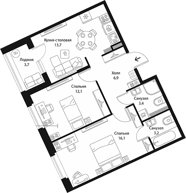 Планировка: 2-комнатная квартира 55,5 м² в ЖК «Экография»