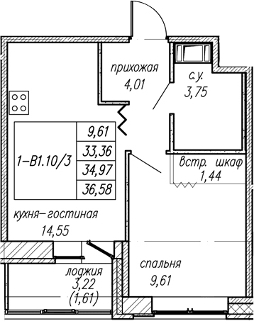 Планировка: 1-комнатная квартира 33,4 м² в ЖК «Уютный Новоселье»