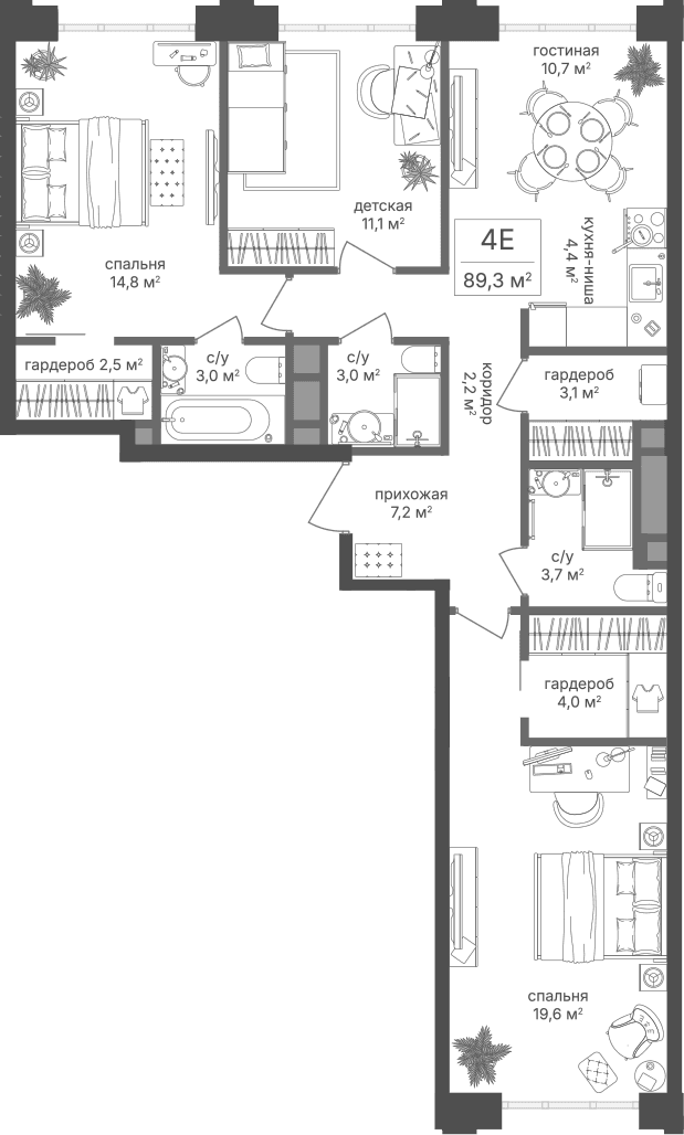 Планировка: Квартира евро-4 89,3 м² в ЖК «Михалковский»