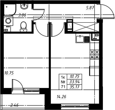 Планировка: Евродвушка 34,1 м² в ЖК «Огоньки»