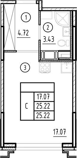 Планировка: Студия 25,2 м² в ЖК «Ассамблея»