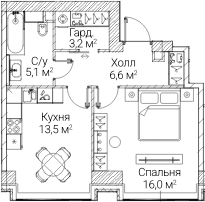Планировка: 1-комнатная квартира 44,4 м² в ЖК «СЕЗАР БУДУЩЕЕ»