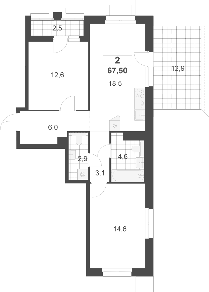 Планировка: Евротрёшка 62,4 м² в ЖК «Деснаречье»