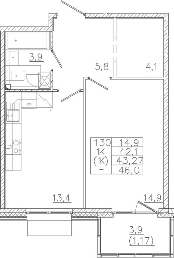 Планировка: 1-комнатная квартира 42,1 м² в ЖК «Лисино»