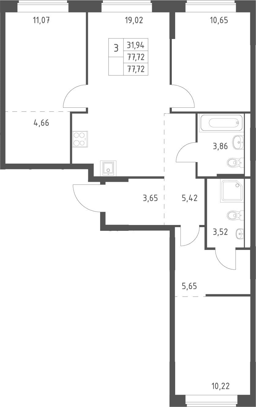 Планировка: Квартира евро-4 77,7 м² в ЖК «Большое Юрлово»