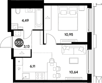 Планировка: Евродвушка 35,3 м² в ЖК «ЭВО»