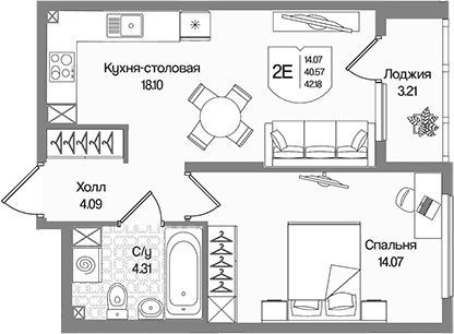Планировка: Евродвушка 40,6 м² в ЖК «Охтинские высоты»