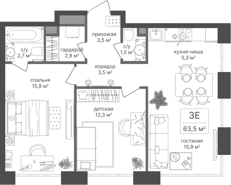 Планировка: Евротрёшка 63,5 м² в ЖК «Михалковский»