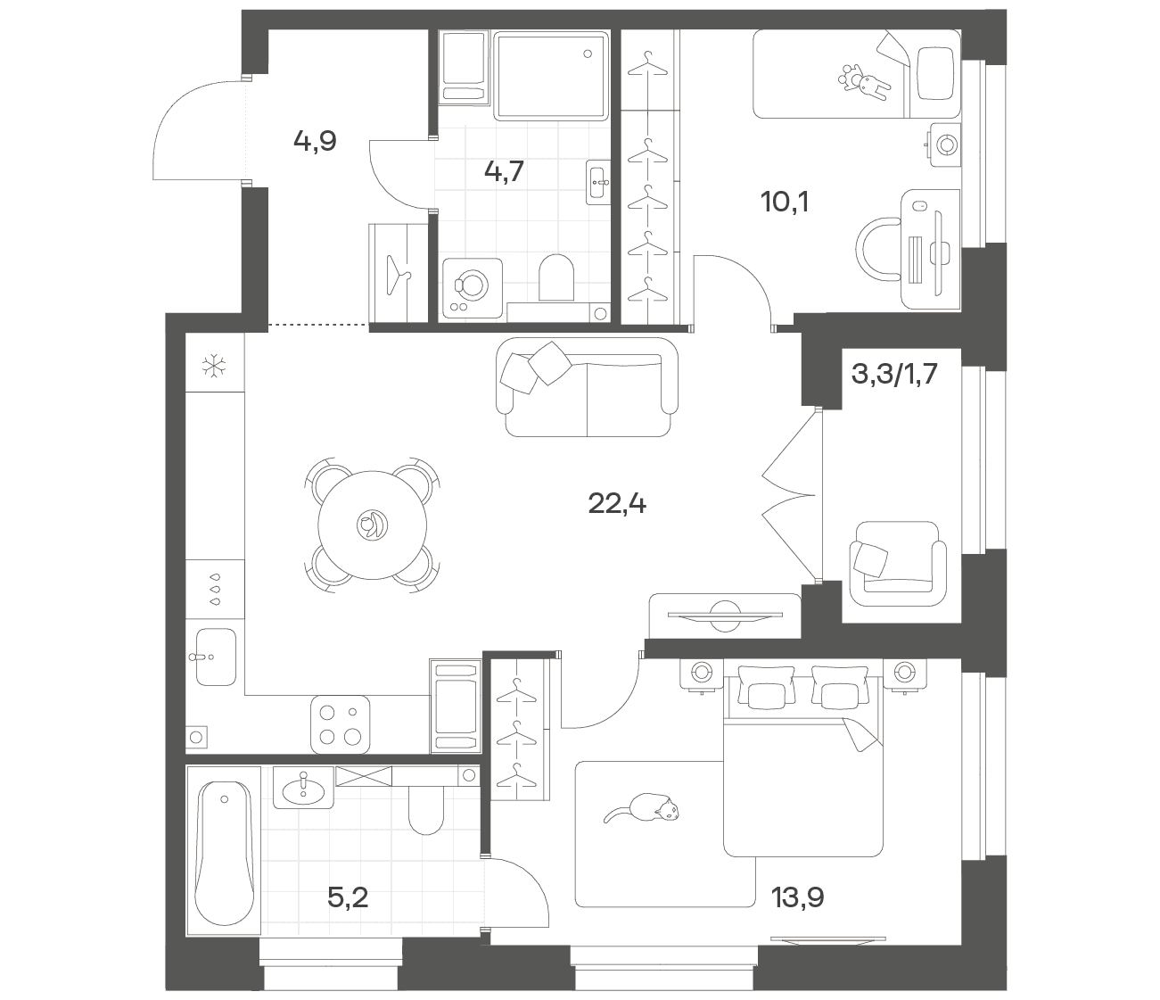 Планировка: Евротрёшка 61,1 м² в ЖК «Речной Квартал»
