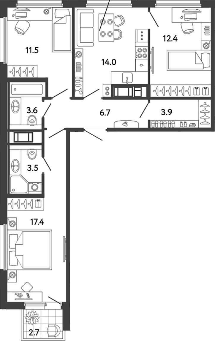 Планировка: 3-комнатная квартира 73 м² в ЖК «Гений»