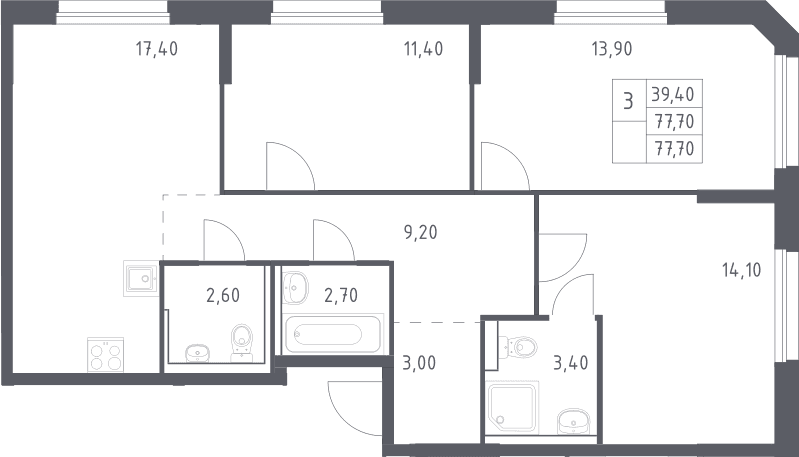 Планировка: Квартира евро-4 77,7 м² в ЖК «Химки Парк»