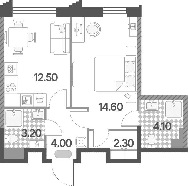 Планировка: 1-комнатная квартира 40,7 м² в ЖК «Обручева 30»