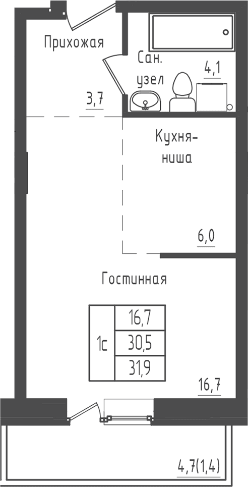 Планировка: Студия 30,5 м² в ЖК «Зеленый город»