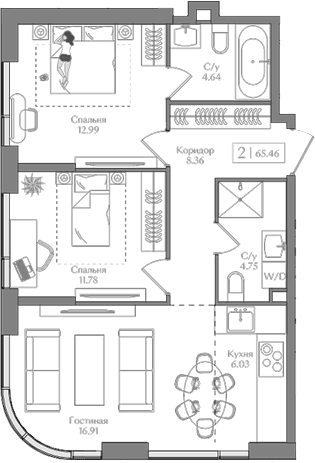 Планировка: Евротрёшка 65,5 м² в ЖК «Преображенская площадь»