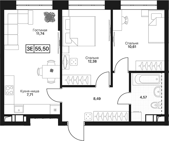 Планировка: Евротрёшка 55,5 м² в ЖК «Пушкино Град»