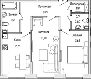 Планировка: 2-комнатная квартира 64,7 м² в ЖК «Рига Хиллс»