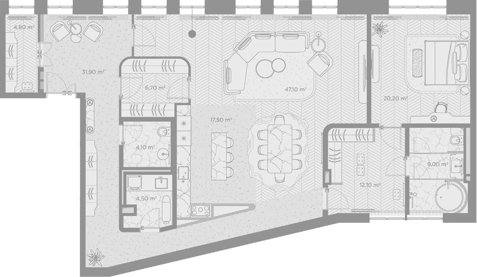 Планировка: 1-комнатная квартира 157,9 м² в ЖК «Николь»