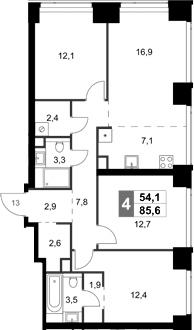 Планировка: Квартира евро-4 85,6 м² в ЖК «Амбер Сити»