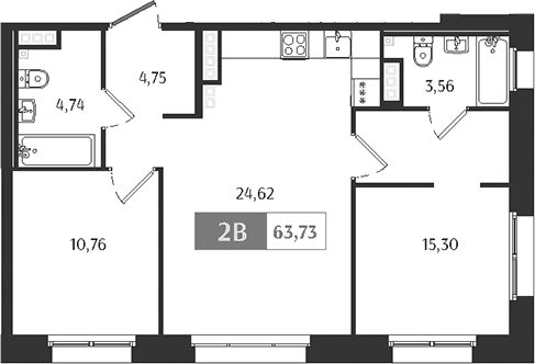 Планировка: Евротрёшка 63,7 м² в ЖК «Ranta Residence»