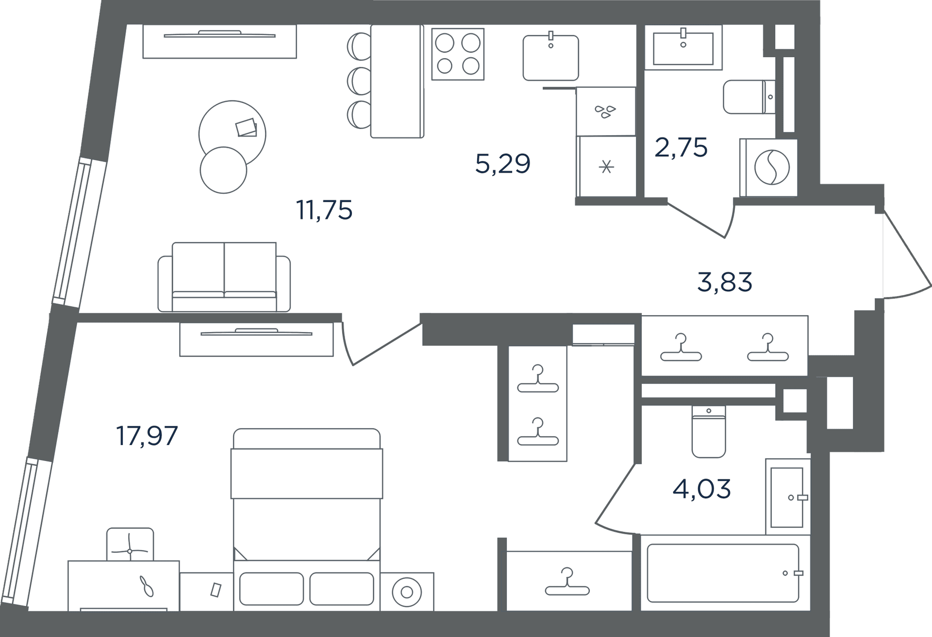 Планировка: Евродвушка 45,6 м² в ЖК «Сикрет Гарден»