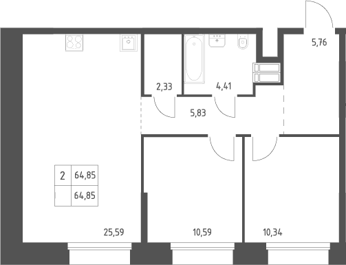 Планировка: 2-комнатная квартира 64,9 м² в ЖК «Тропарево Парк»