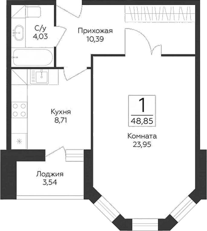 Планировка: 1-комнатная квартира 47,1 м² в ЖК «Пахра Сити»