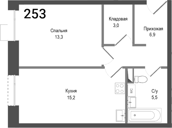 Планировка: Евродвушка 43,9 м² в ЖК «Киноквартал»