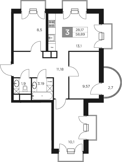 Планировка: 3-комнатная квартира 58,1 м² в ЖК «Восток 2»