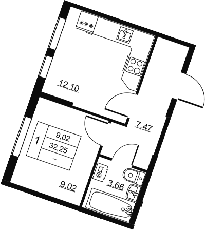 Планировка: 1-комнатная квартира 32,3 м² в ЖК «Высота. Всеволожск»