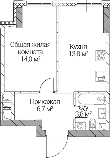 Планировка: 1-комнатная квартира 38,3 м² в ЖК «СЕЗАР СИЛИКА»