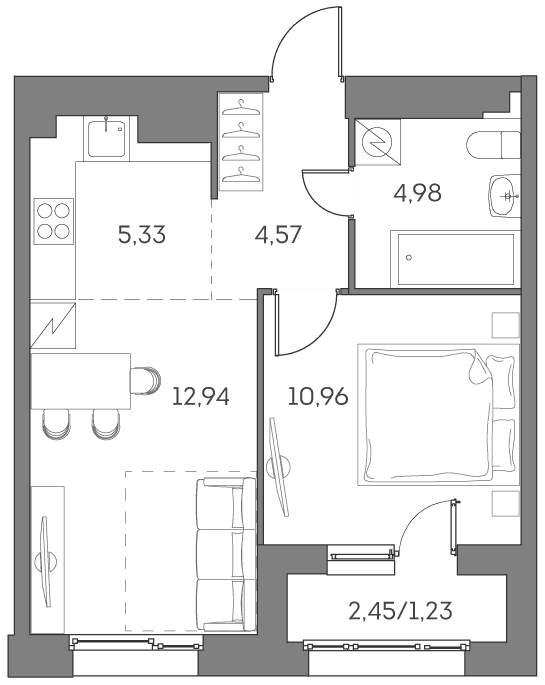 Планировка: Евродвушка 38,8 м² в ЖК «Аквилон БИСАЙД 2.0»