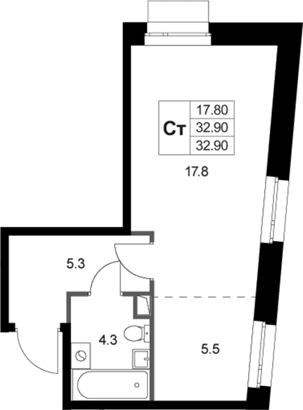 Планировка: Студия 32,9 м² в ЖК «Кореневский Форт 2.3»