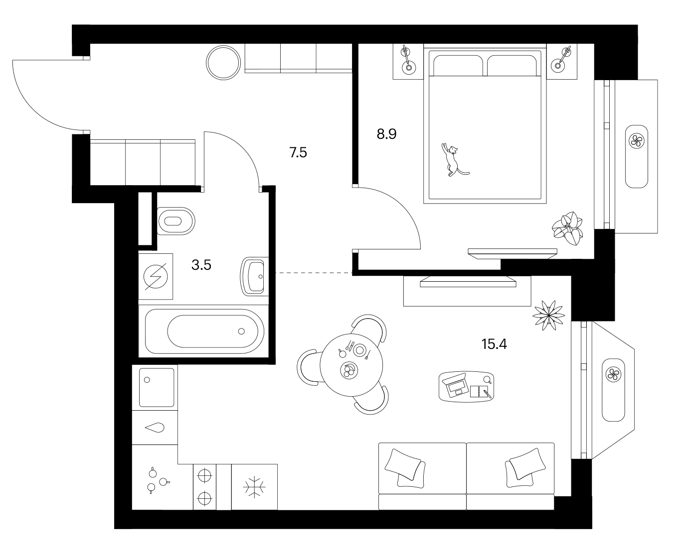 Планировка: 1-комнатная квартира 35,3 м² в ЖК «Зеленый парк»